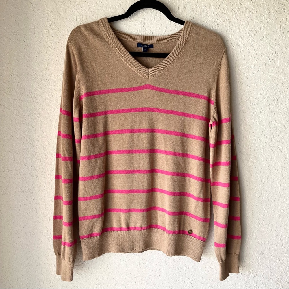 Nautica V Neck Preppy Cotton Striped Lightweight Casual Sweater Comfy Career M